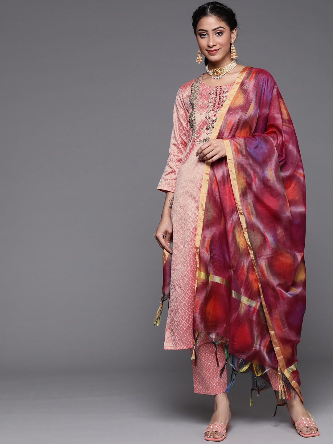 

Varanga Women Dusty Pink Ethnic Motifs Embroidered Kurta with Trousers & Dupatta, Rose