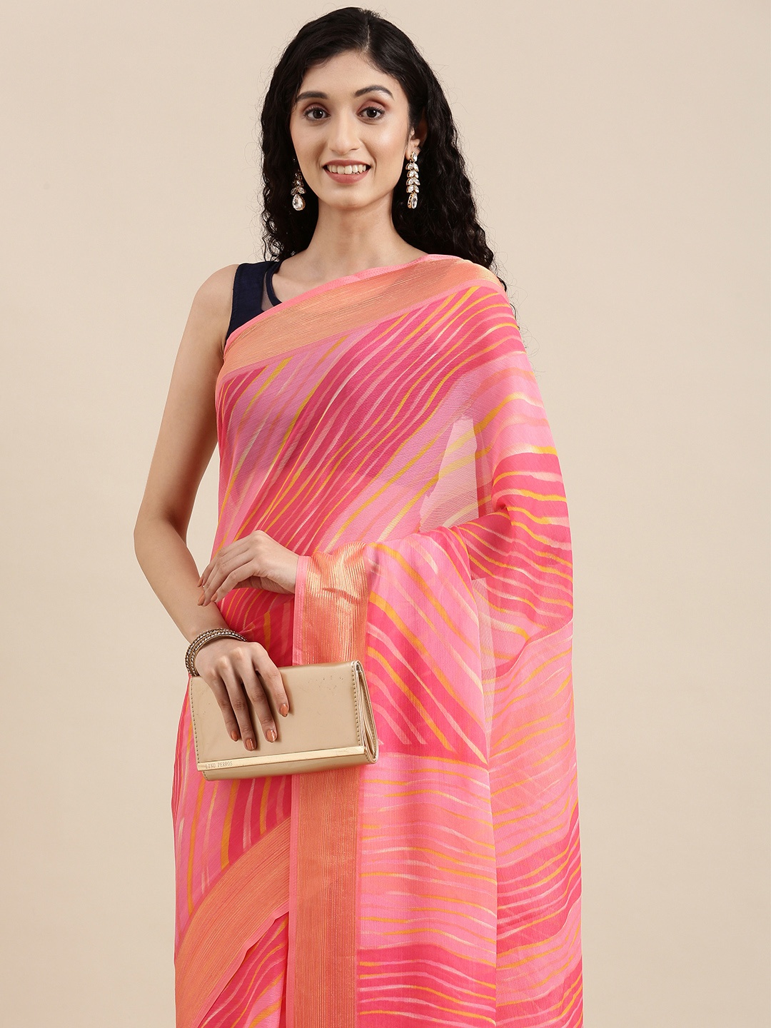 

Mitera Pink & White Leheriya Print Celebrity Pure Chiffon Saree