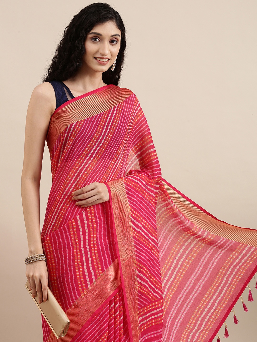 

Mitera Pink & White Leheriya Print Celebrity Pure Chiffon Saree