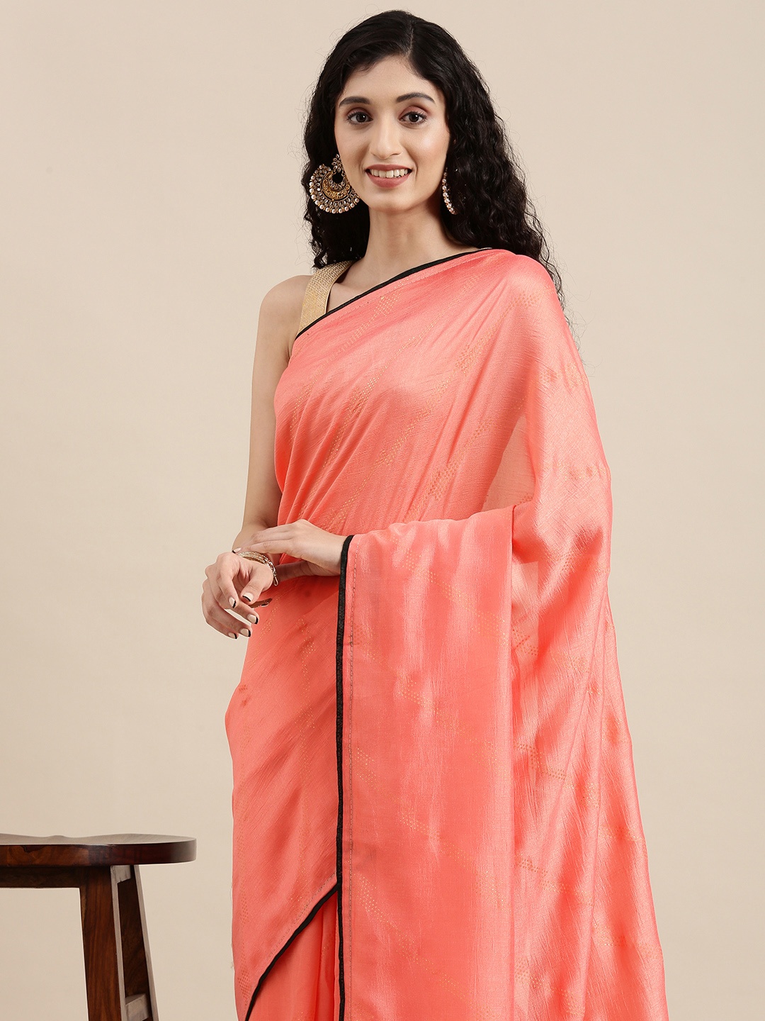 

Mitera Peach-Coloured & Gold Striped Zari Gotta Patti Pure Chiffon Celebrity Saree