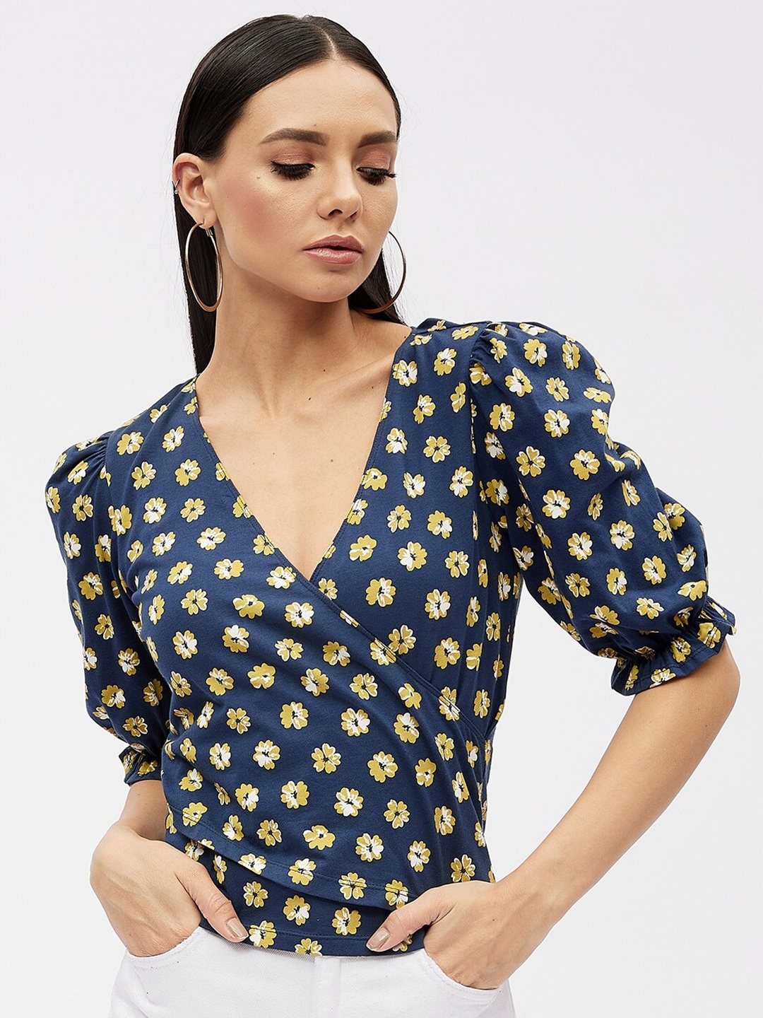 

Harpa Navy Blue & Yellow Floral Print Wrap Top