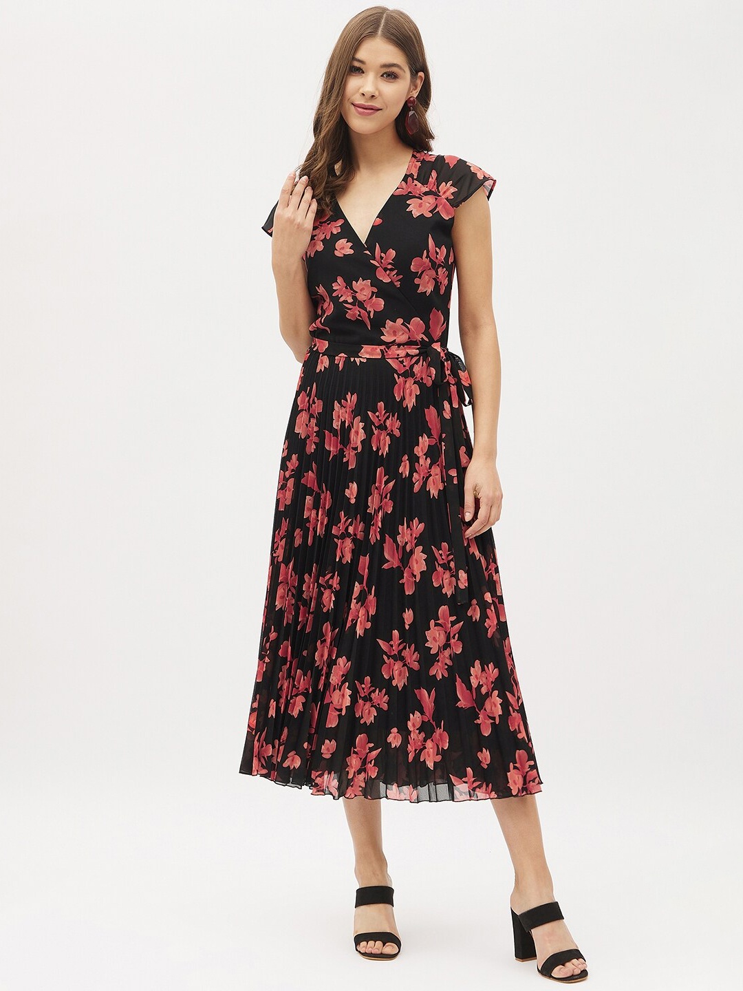 

Harpa Black Floral Georgette Midi Wrap Dress