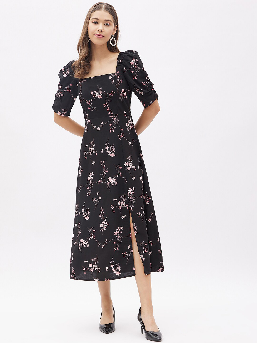 

Harpa Women Floral Midi A-Line Dress, Black