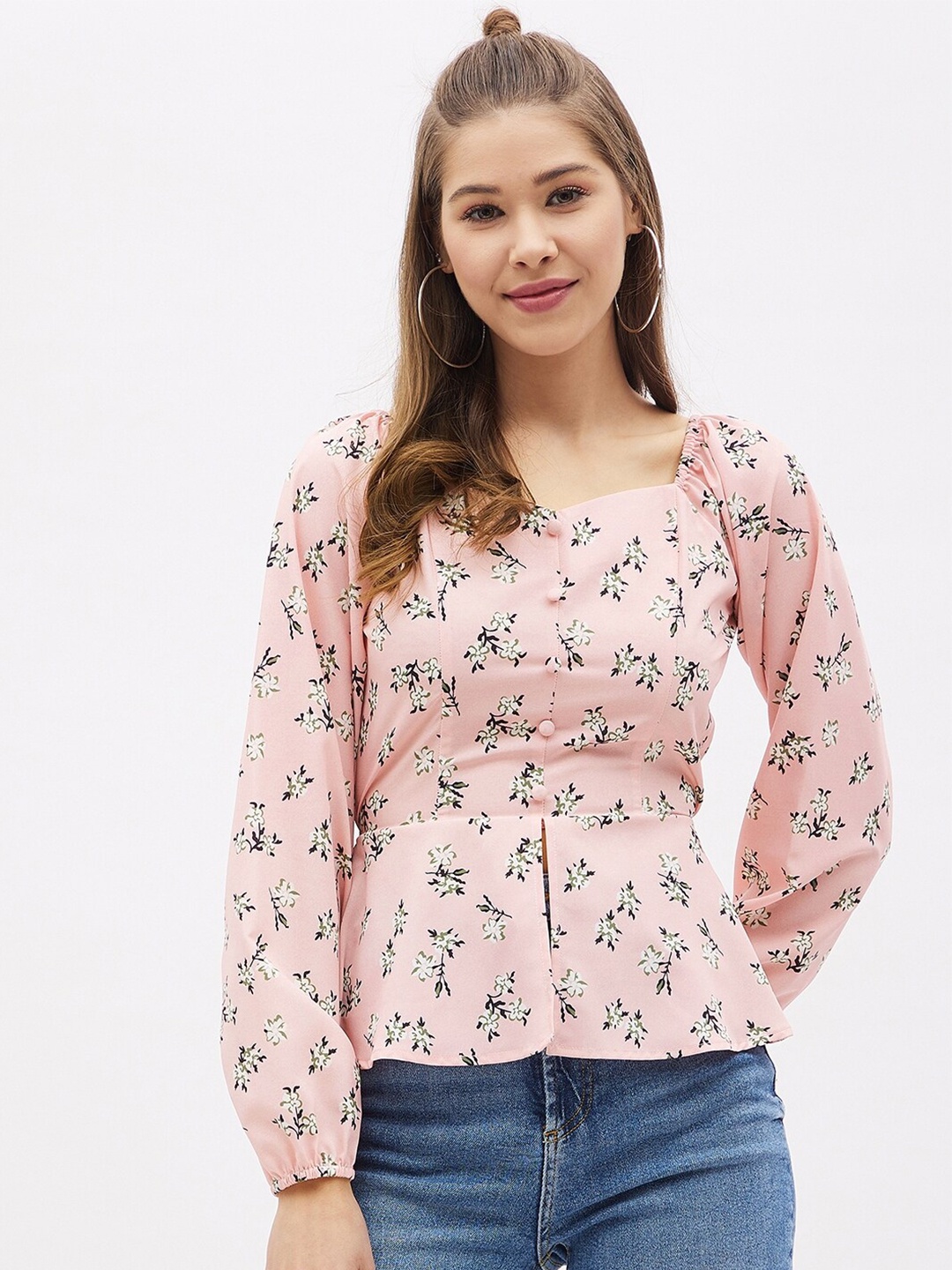 

Harpa Pink & White Floral Print Sweetheart Neck Peplum Top