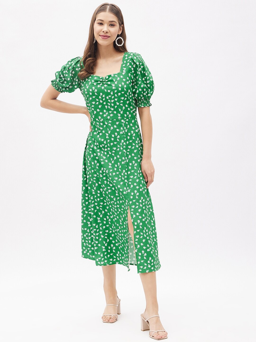 

Harpa Green Floral A-Line Midi Dress