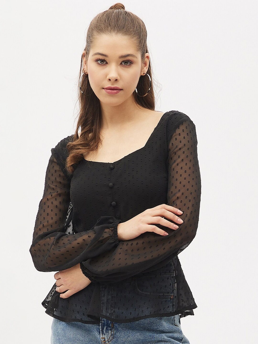 

Harpa Women Black Ruffles Sheer Georgette Top