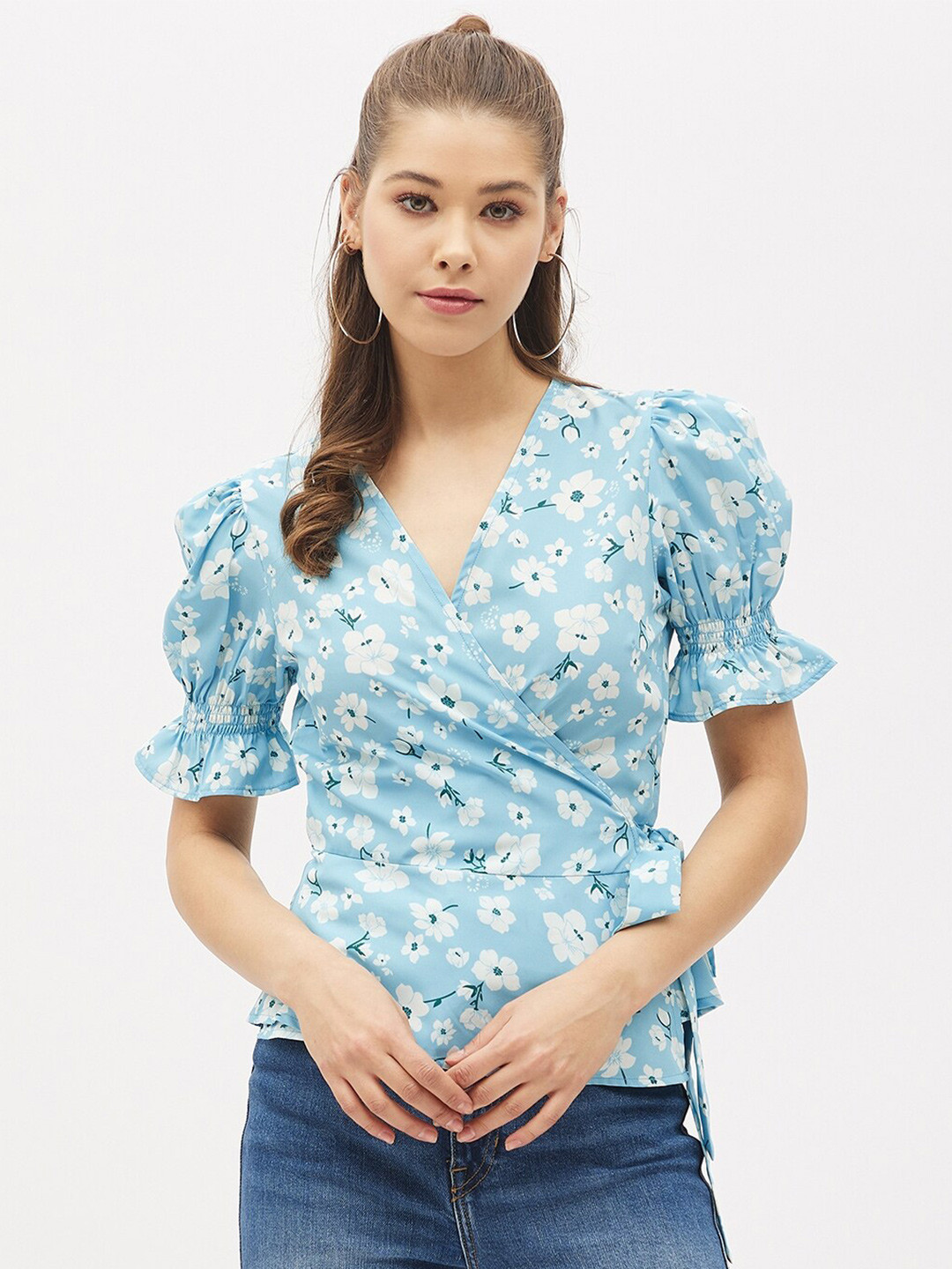 

Harpa Women Blue Floral Printed Wrap Top