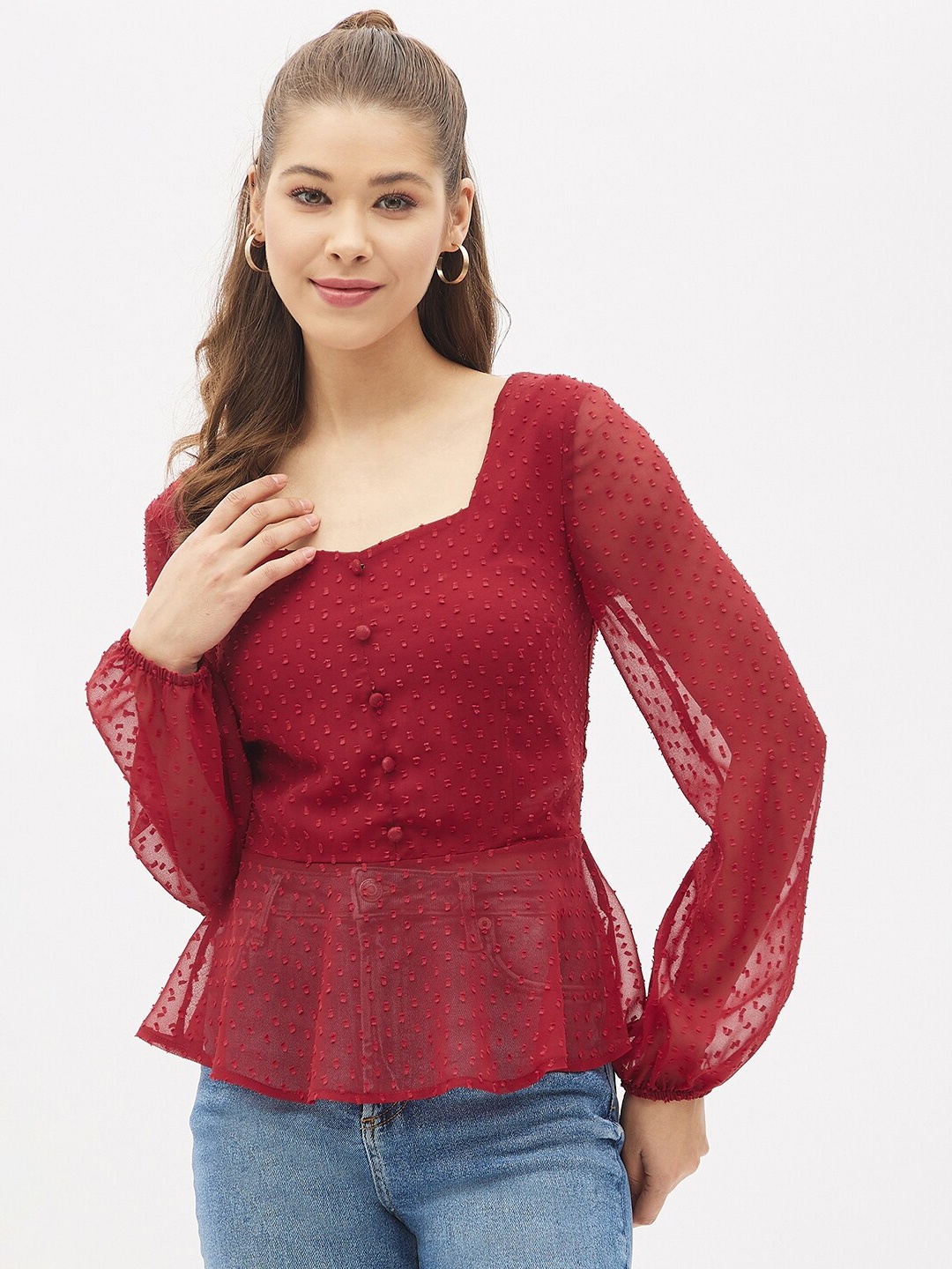 

Harpa Maroon Sweetheart Neck Sheer Georgette Peplum Top