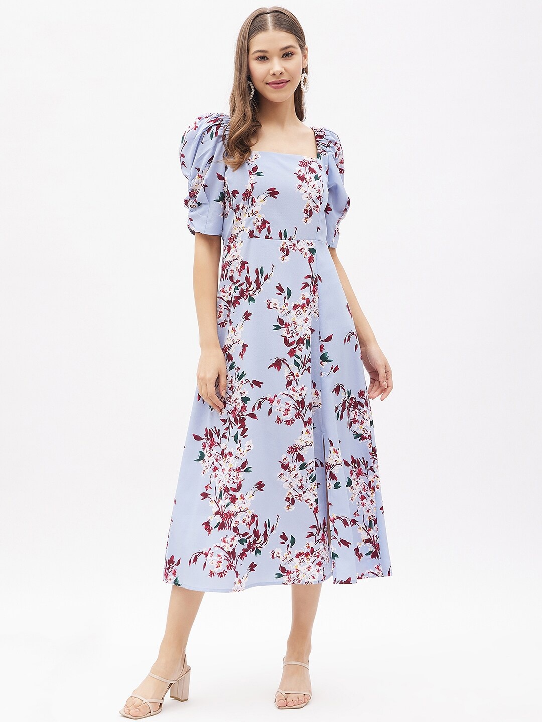 

Harpa Blue & Maroon Floral A-Line Midi Dress