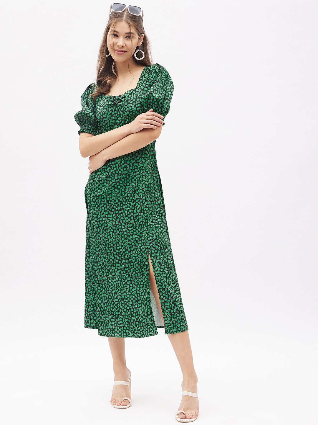 

Harpa Black & Green Floral A-Line Midi Dress