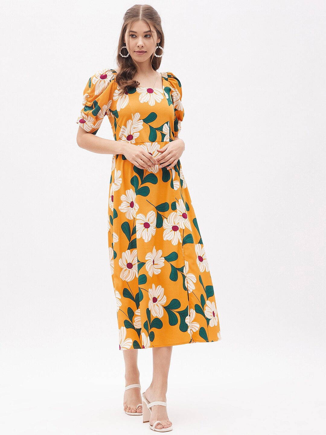 

Harpa Mustard Yellow Floral Midi Dress
