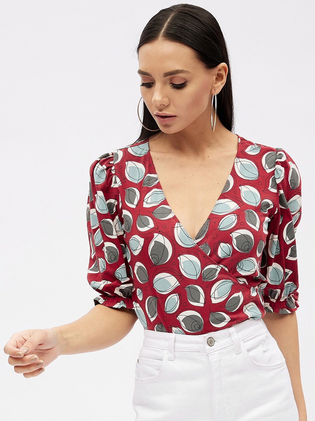 

Harpa Women Maroon Geometric Printed Wrap Top