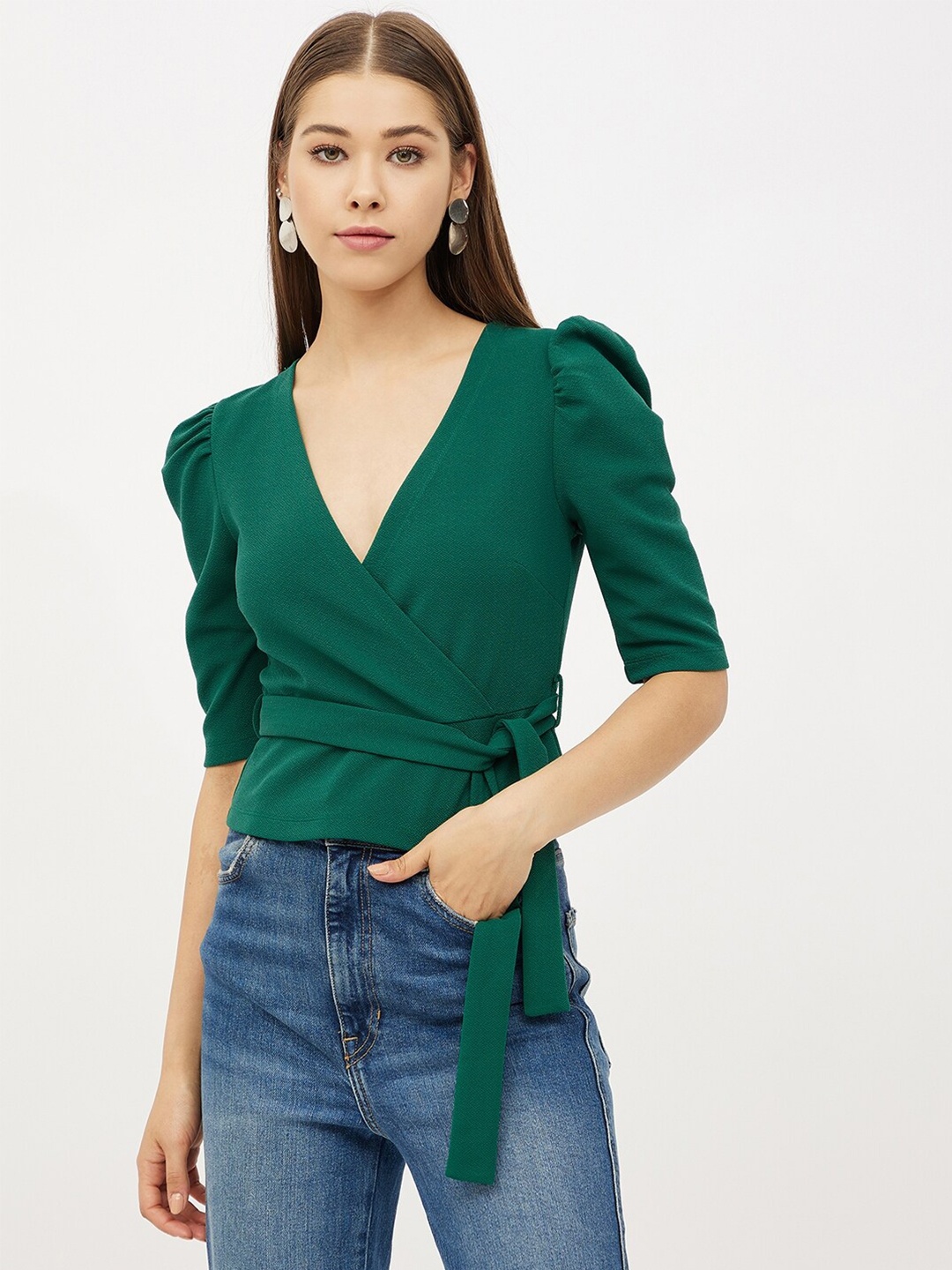 

Harpa Women Green Solid Wrap Crop Top