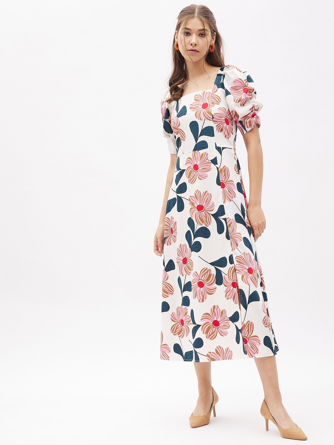 

Harpa Women White Floral Printed Midi Dress