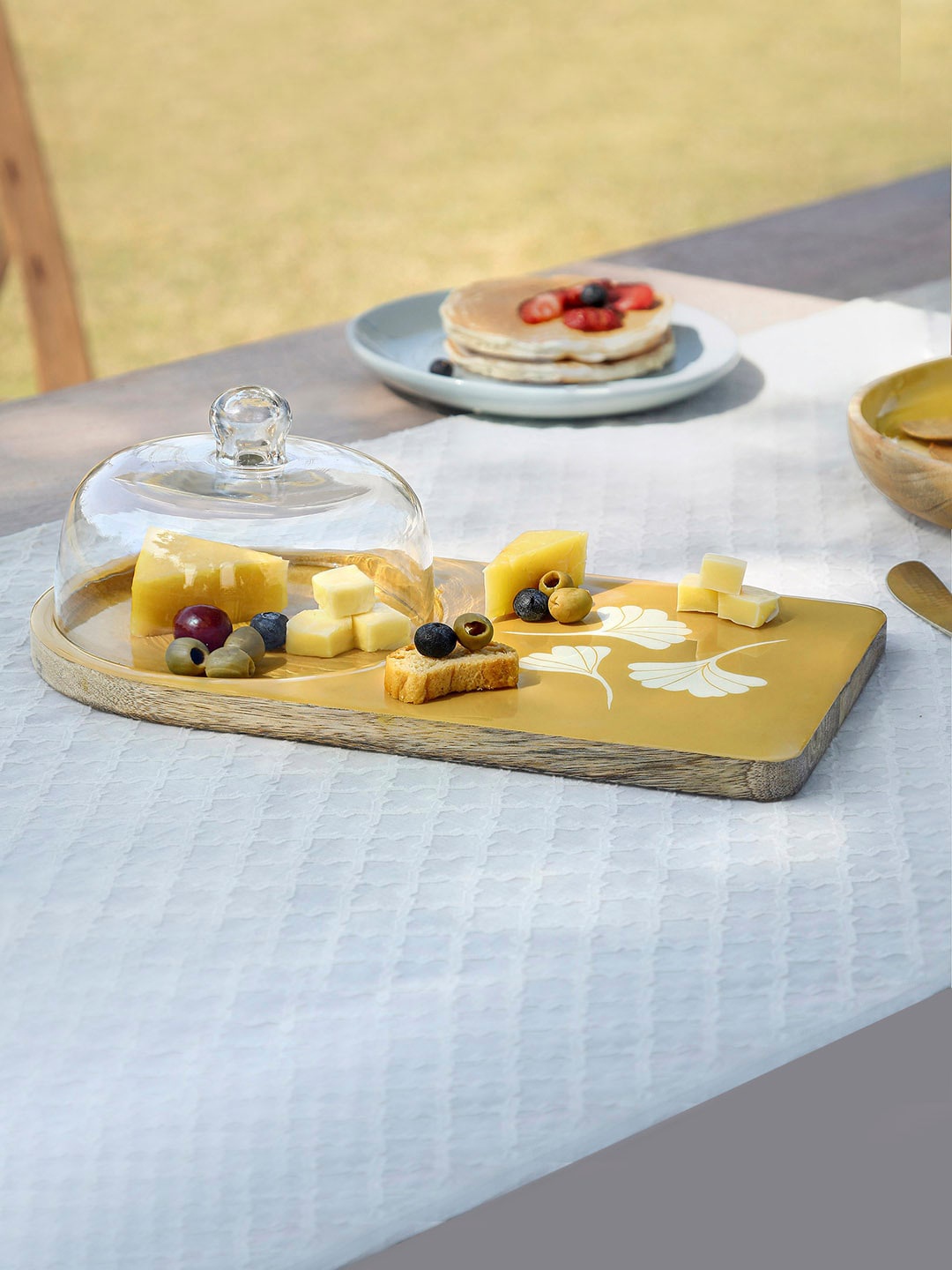 

ellementry Yellow & White Printed Wooden Platter With Glass Cloche