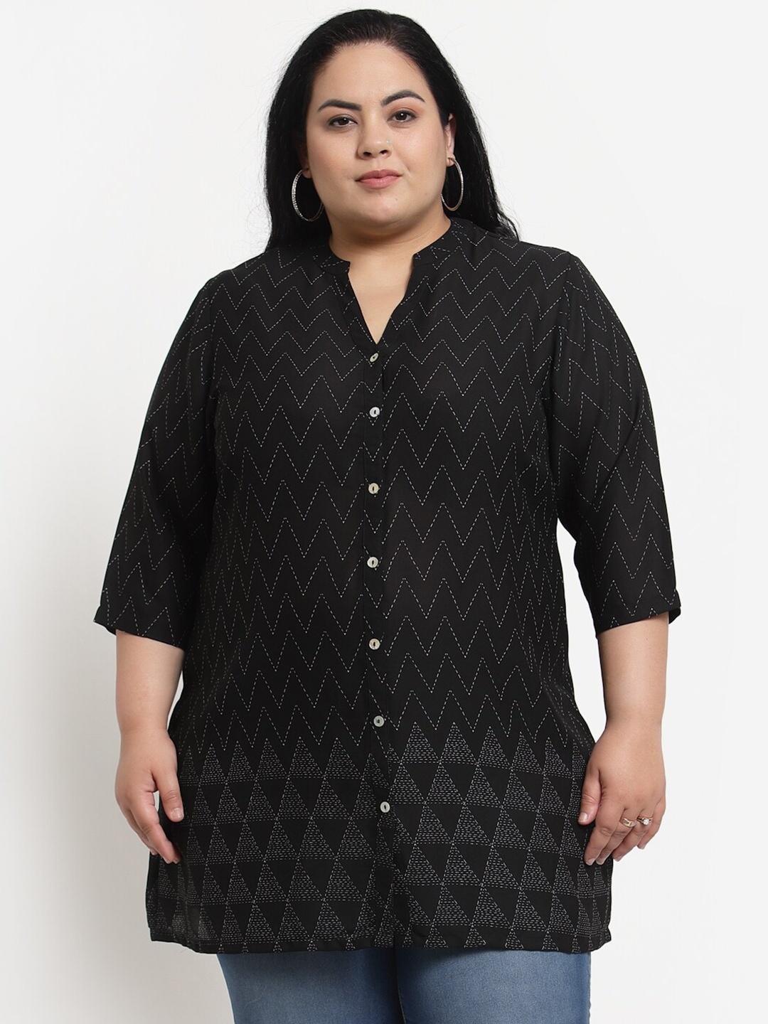

plusS Black & White Mandarin Collar Striped Tunic