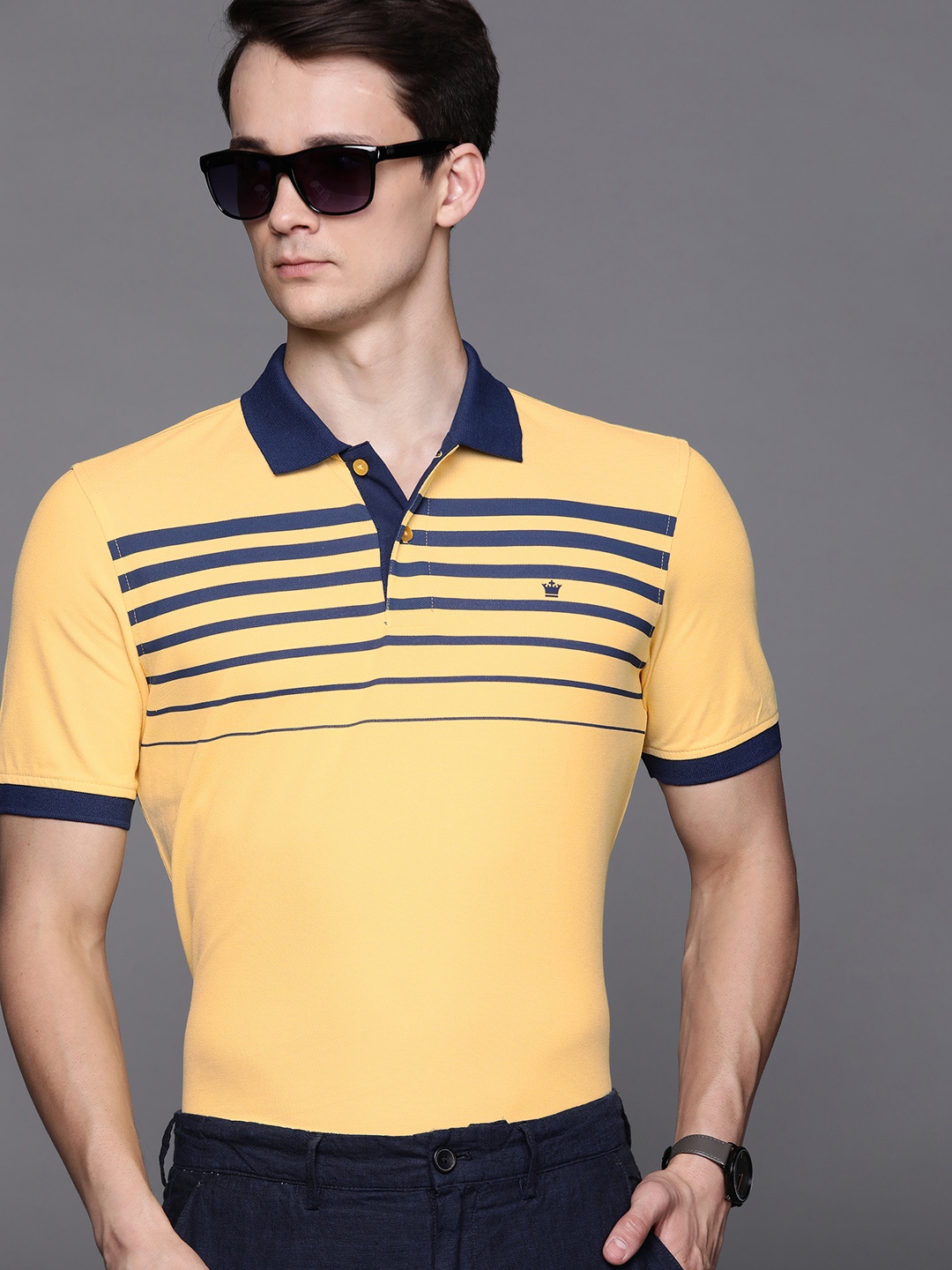 

Louis Philippe Golf Leisure Men Yellow & Navy Blue Striped Polo Collar T-shirt