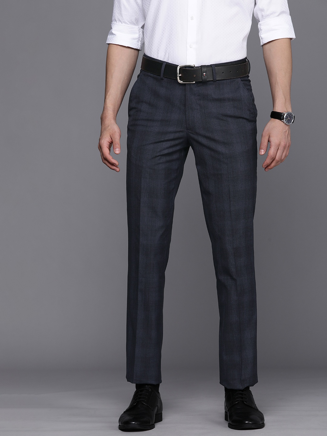 

Louis Philippe Men Navy Blue Checked Slim Fit Formal Trousers