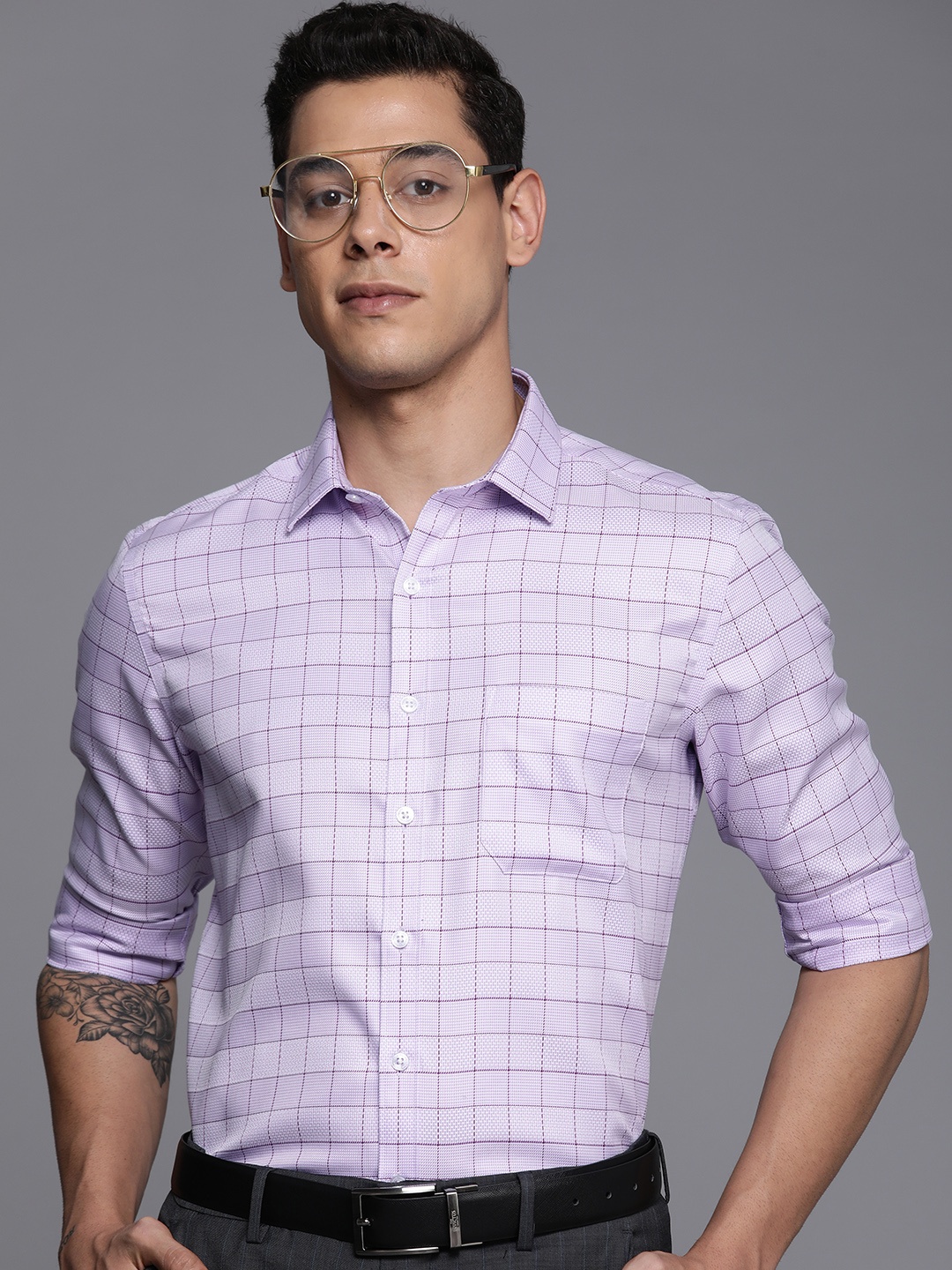 

Louis Philippe Men Lavender Windowpane Checks Slim Fit Pure Cotton Formal Shirt