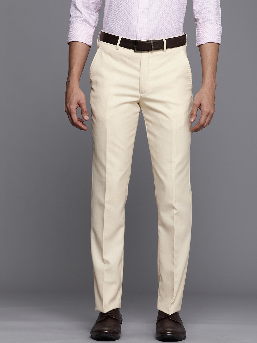 

Louis Philippe Men Cream-Coloured Slim Fit Mid-Rise Formal Trousers