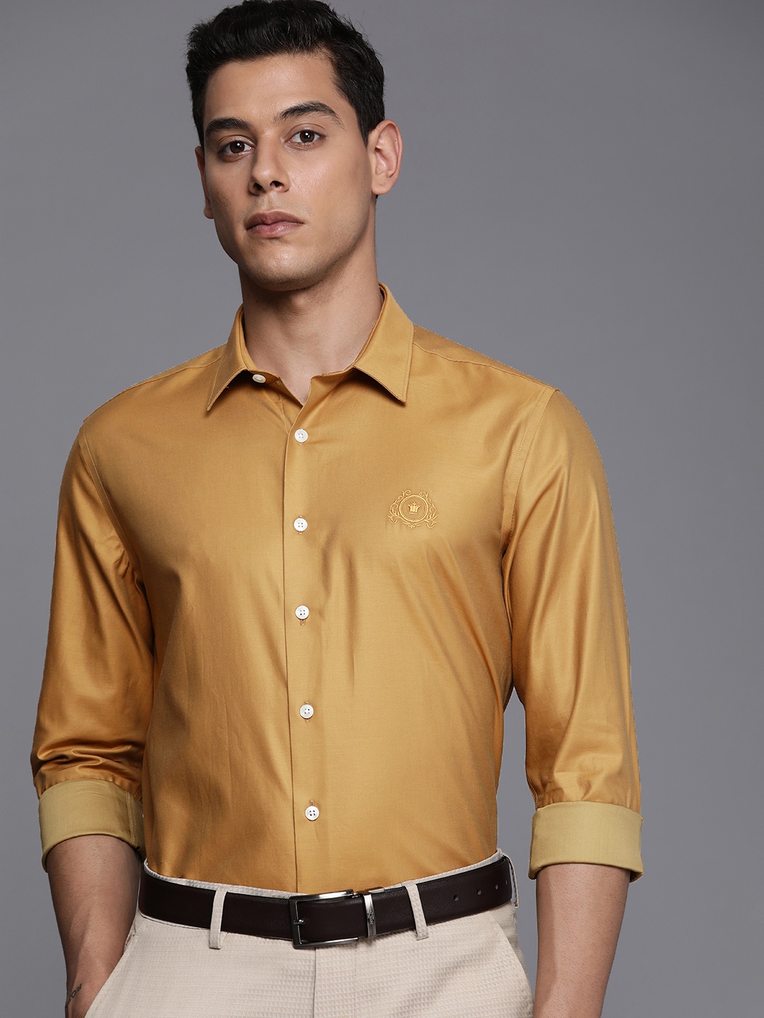

Louis Philippe Men Mustard Yellow Solid Slim Fit Pure Cotton Formal Shirt
