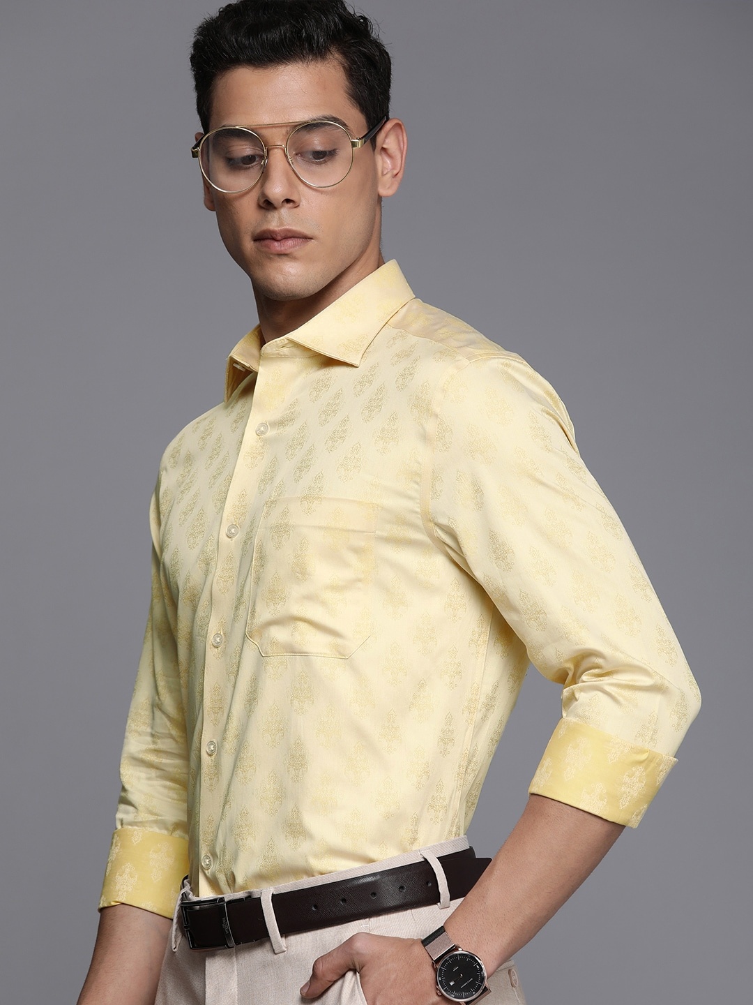 

Louis Philippe Men Yellow Woven Design Classic Pure Cotton Formal Shirt