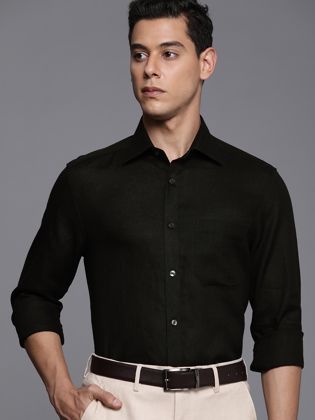 

Louis Philippe Men Black Self-Design Classic Fit Pure Linen Formal Shirt