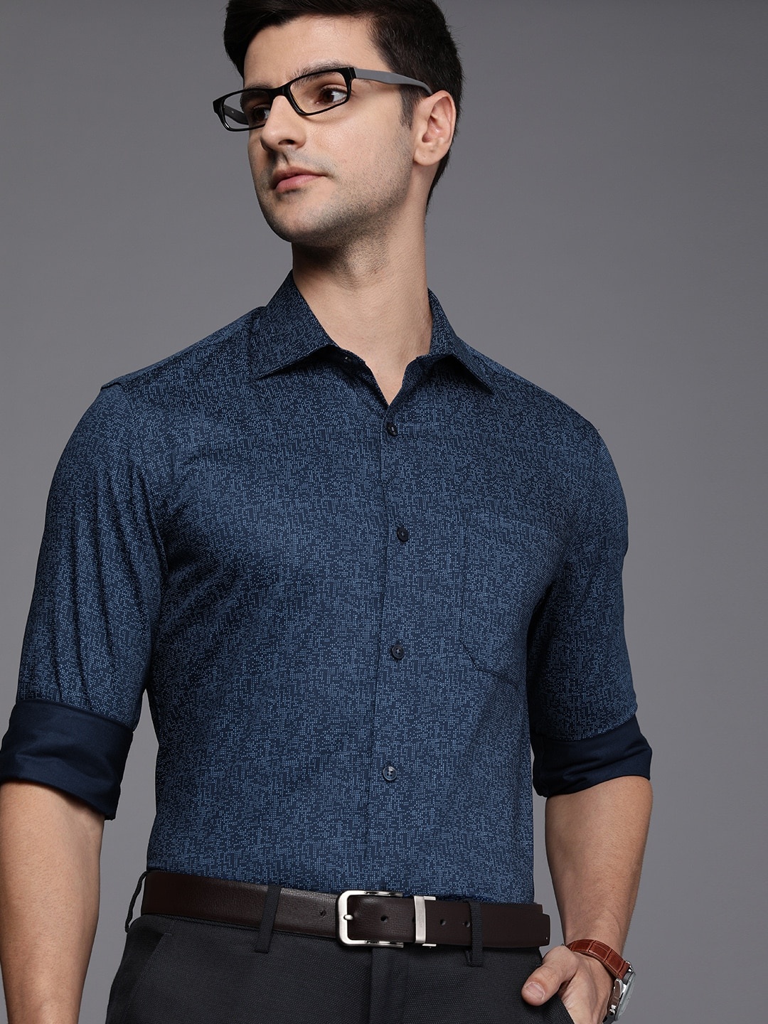 

Louis Philippe Men Navy Blue Classic Printed Pure Cotton Formal Shirt