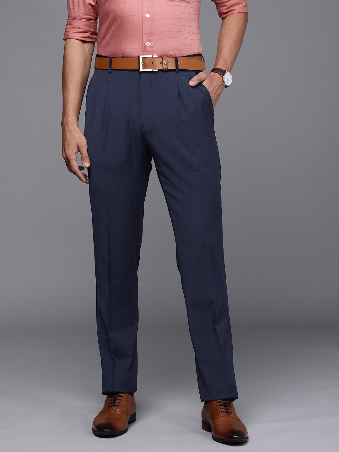 

Louis Philippe Men Navy Blue Self-Design Formal Trousers