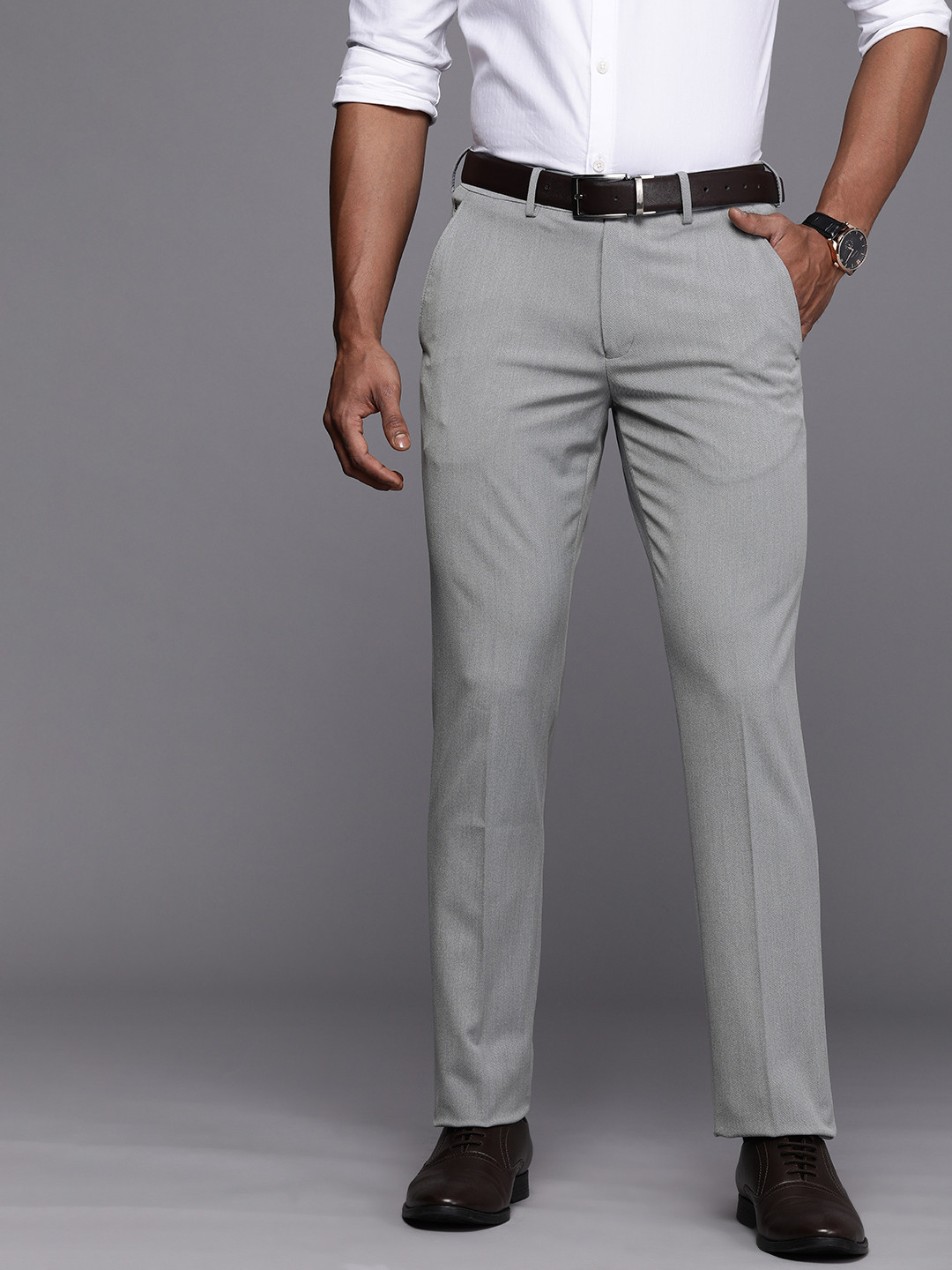 

Louis Philippe Men Grey Self Design Slim Fit Mid-Rise Formal Trousers