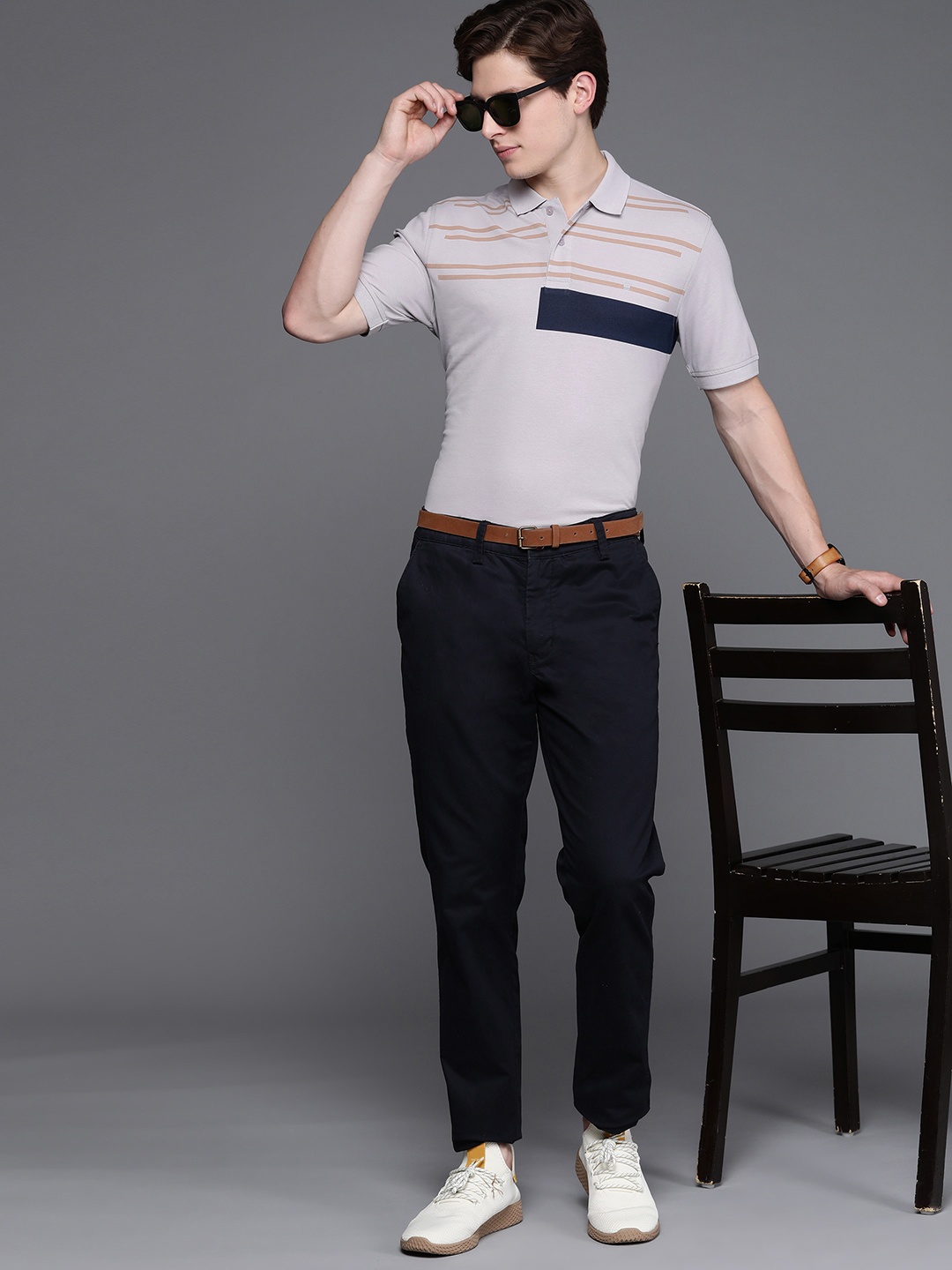 

Louis Philippe Men Grey Striped Polo Collar T-shirt