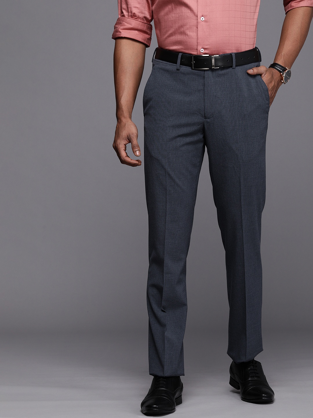 

Louis Philippe Men Navy Blue And Black Checked Slim Fit Formal Trousers