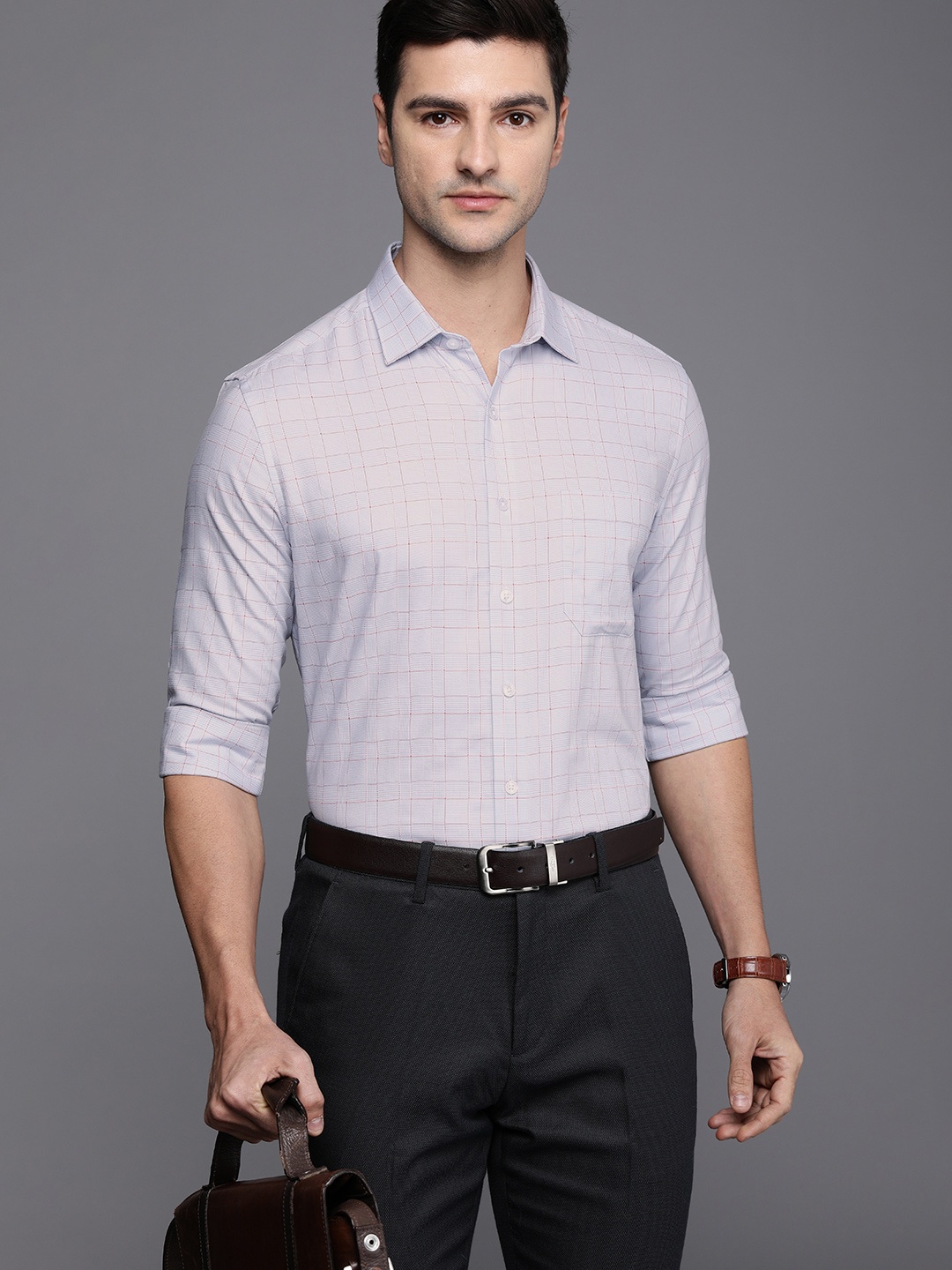 

Louis Philippe Men Grey Slim Fit Checked & Textured Opaque Premium Cotton Formal Shirt