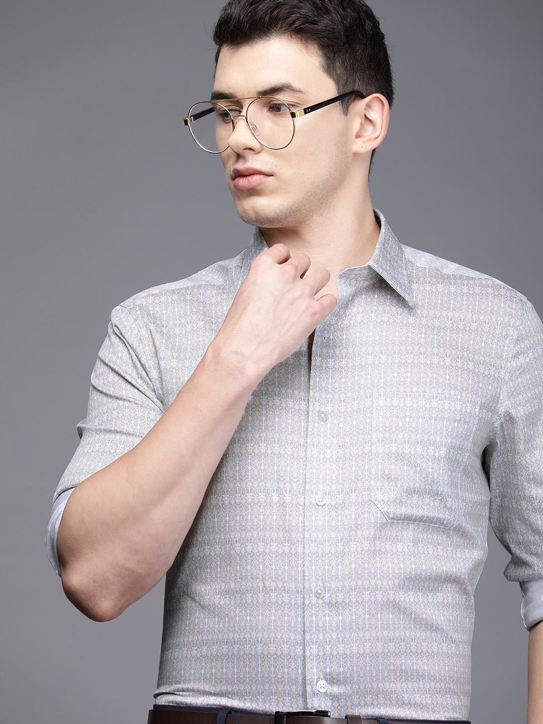 

Louis Philippe Gods & Kings Men Grey & Yellow Printed Classic Fit Giza Cotton Formal Shirt
