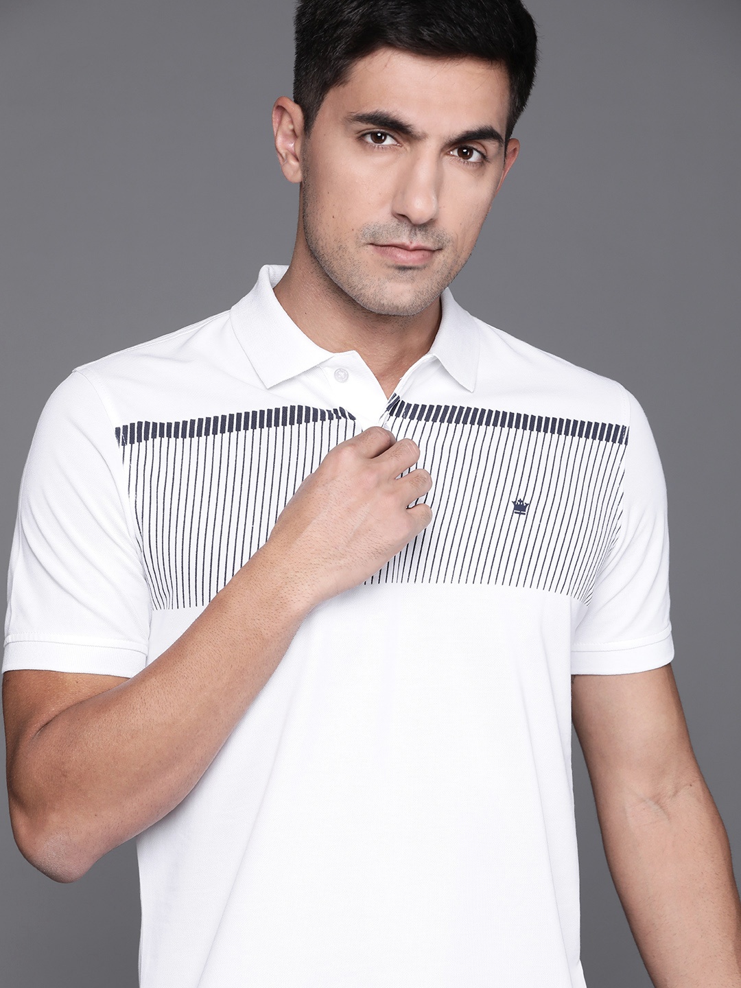 

Louis Philippe Men White & Navy Blue Striped Polo Collar T-shirt