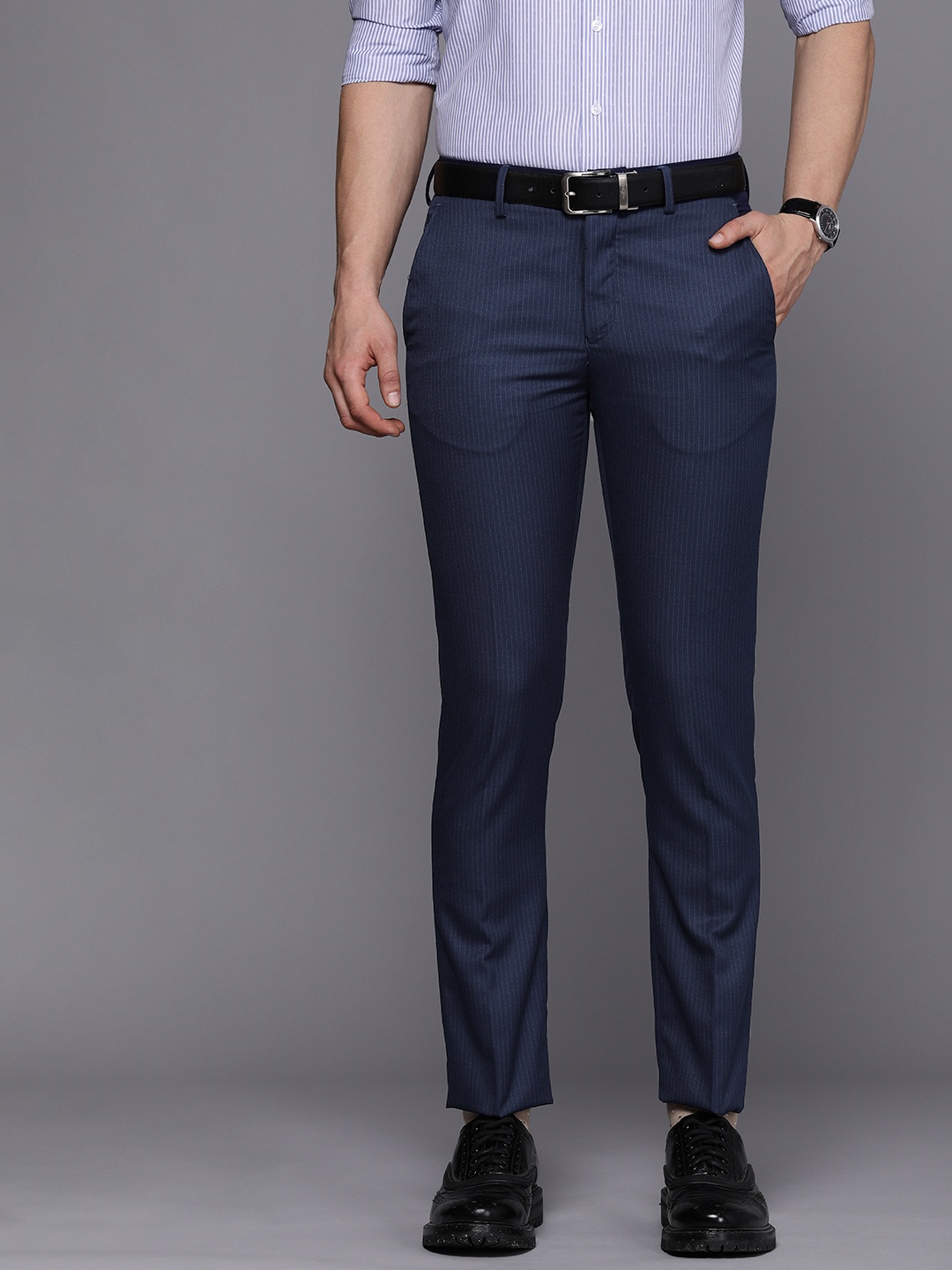 

Louis Philippe Men Navy Blue Striped Slim Fit Trousers