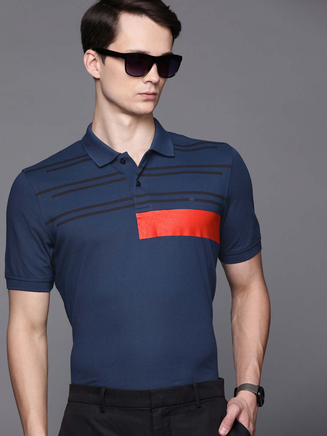 

Louis Philippe Golf Leisure Men Navy Blue & Black Striped Detail Polo Collar T-shirt