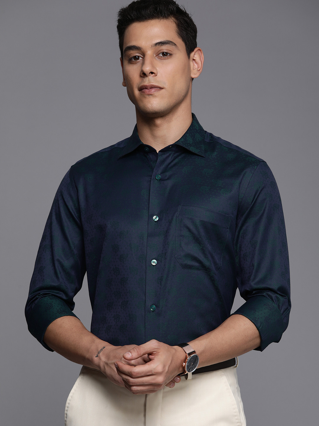 

Louis Philippe Gods & Kings Men Teal Blue Self Design Classic Giza Cotton Formal Shirt