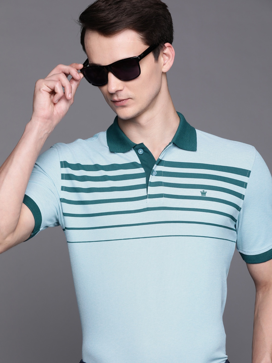 

Louis Philippe Golf Leisure Men Blue & Teal Green Striped Polo Collar T-shirt