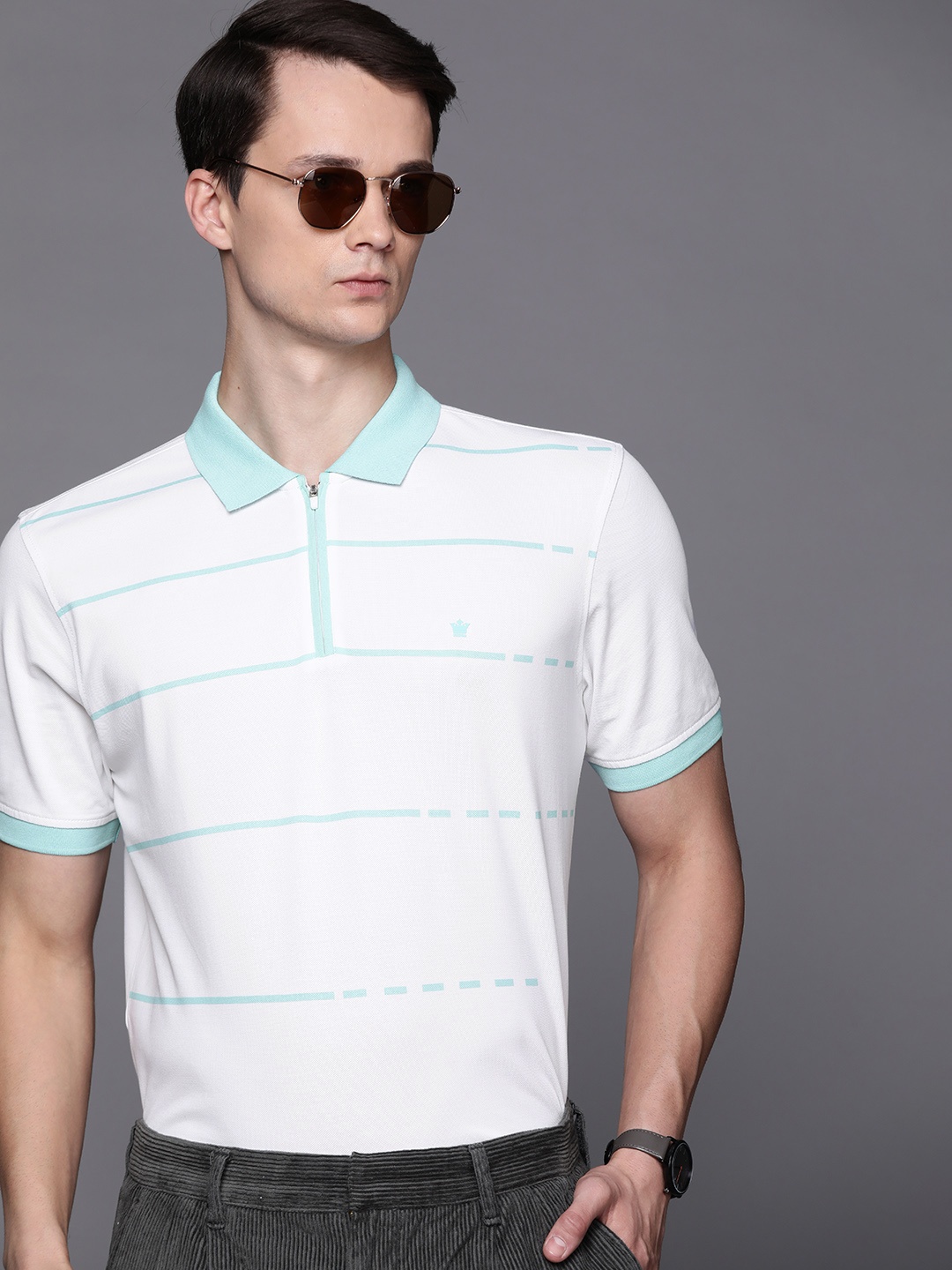 

Louis Philippe Golf Leisure Men White & Sea Green Striped Spread Collar T-shirt