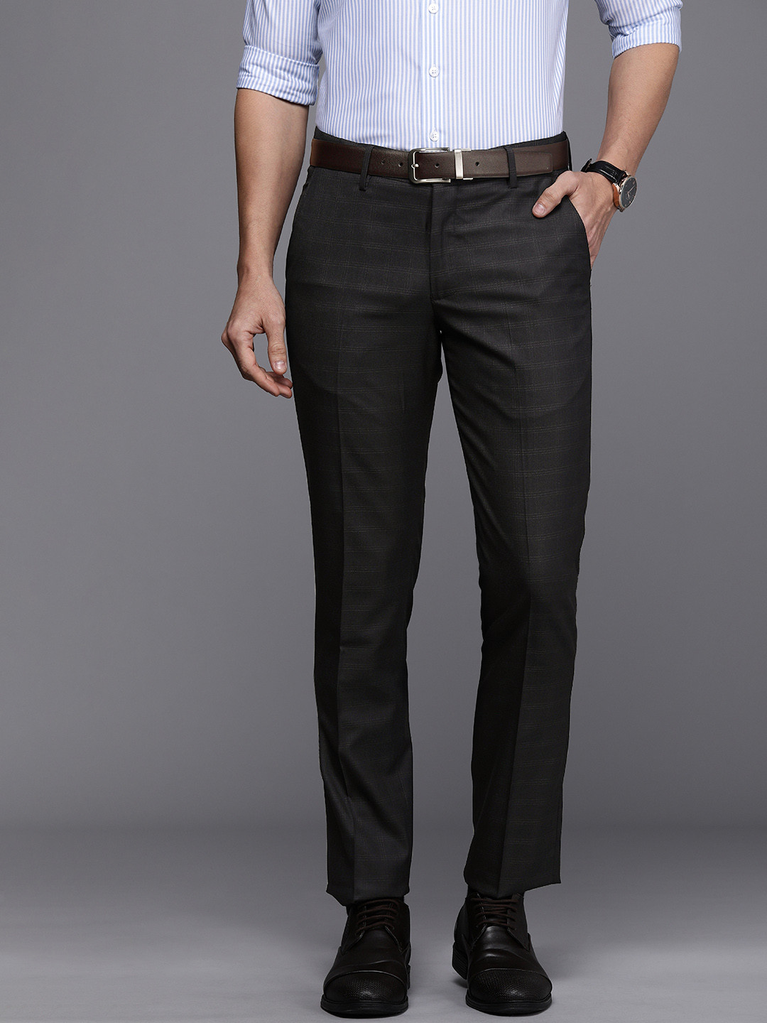 

Louis Philippe Men Navy Blue Checked Slim Fit Mid-Rise Formal Trousers