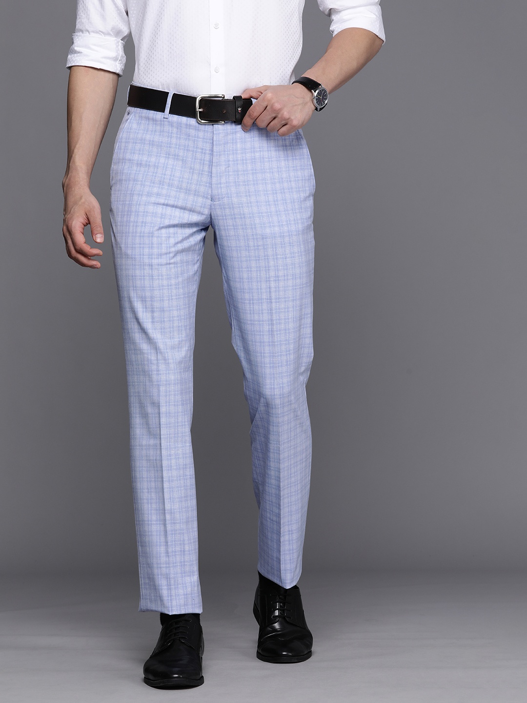 

Louis Philippe Men Blue & White Checked Slim Fit Formal Trousers