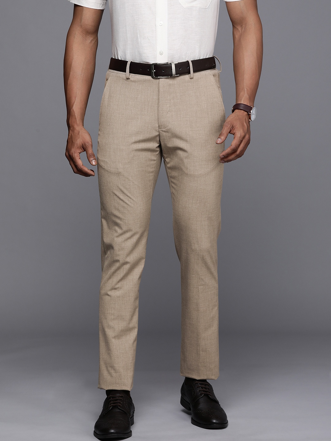 

Louis Philippe Men Beige Solid Slim Fit Trousers