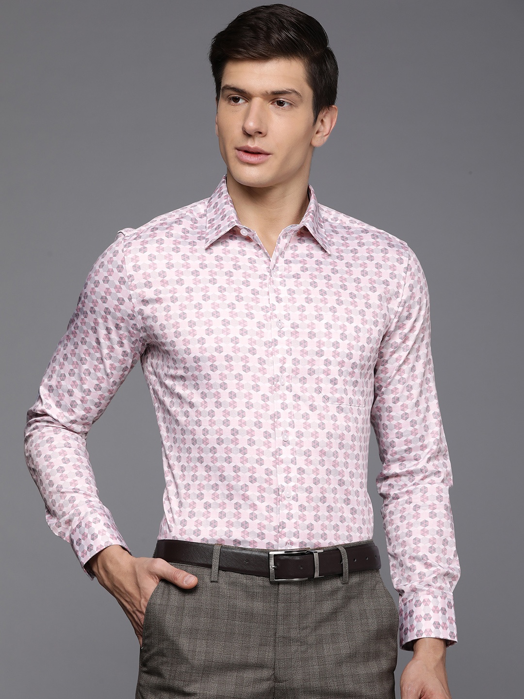 

Louis Philippe Men White & Pink Slim Fit Geometric Opaque Printed Formal Shirt