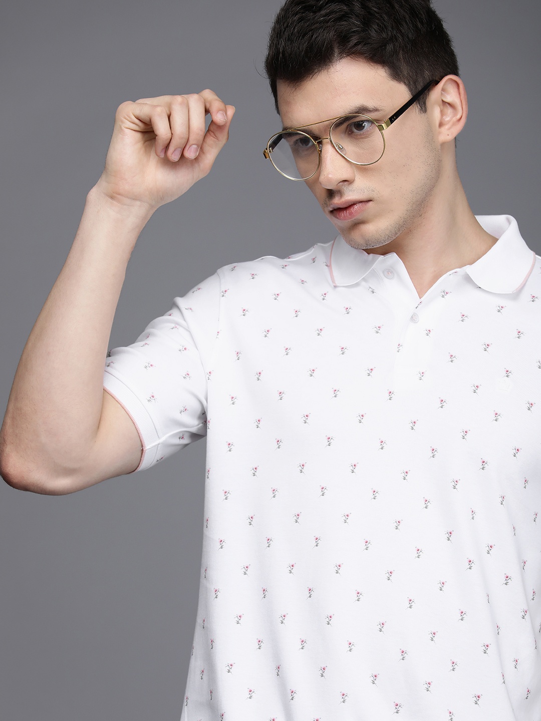 

Louis Philippe Men White & Pink Floral Polo Collar Pure Cotton T-shirt