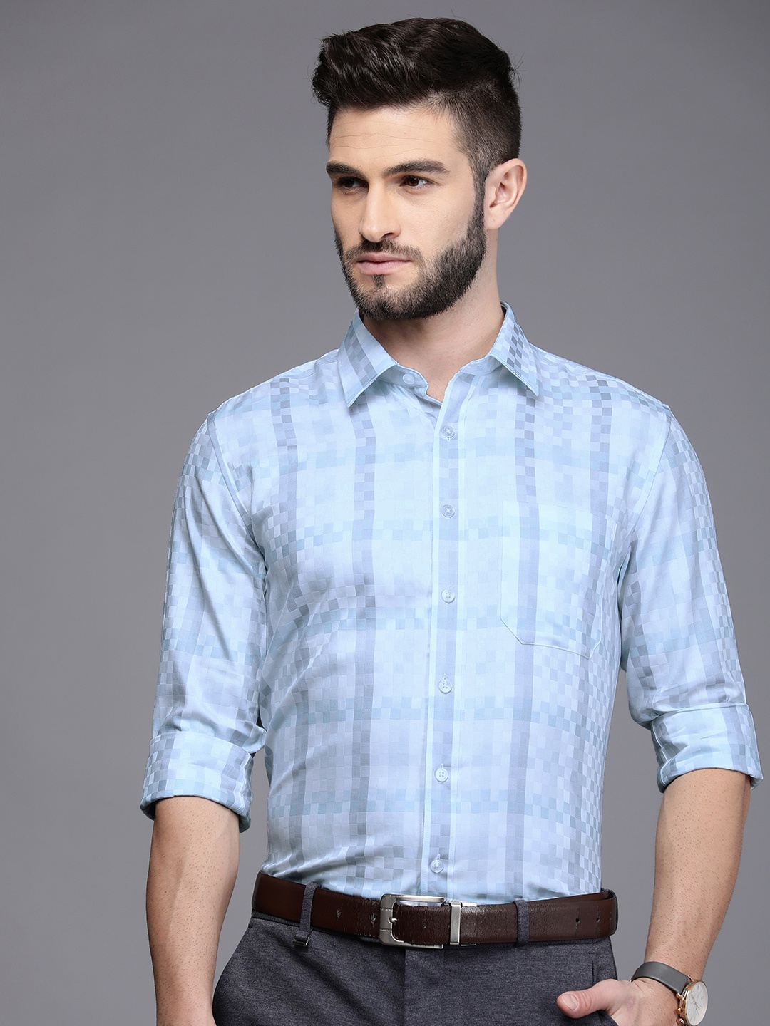 

Louis Philippe Men Blue Slim Fit Checked Pure Cotton Formal Shirt