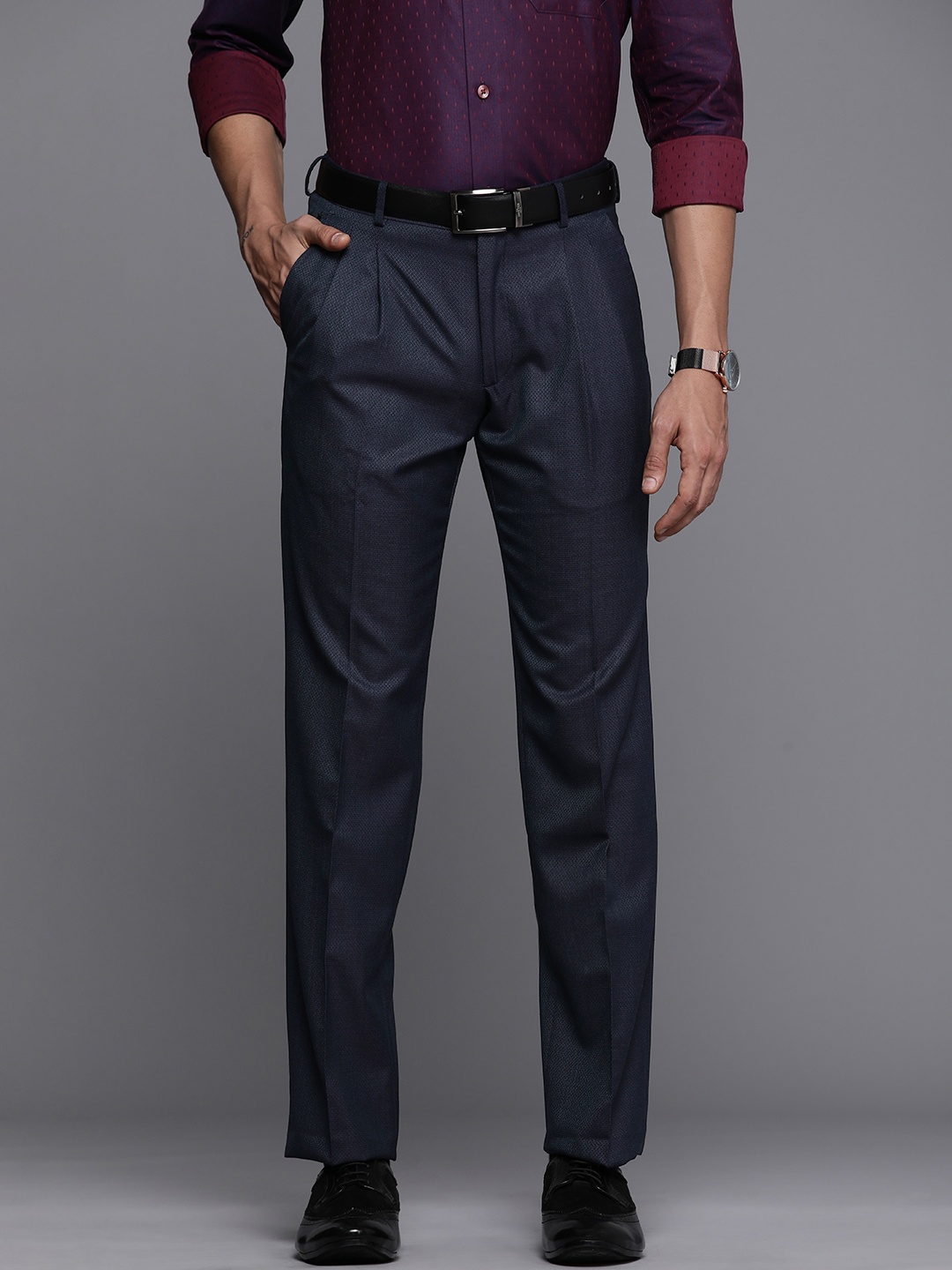 

Louis Philippe Men Navy Blue Textured Trousers