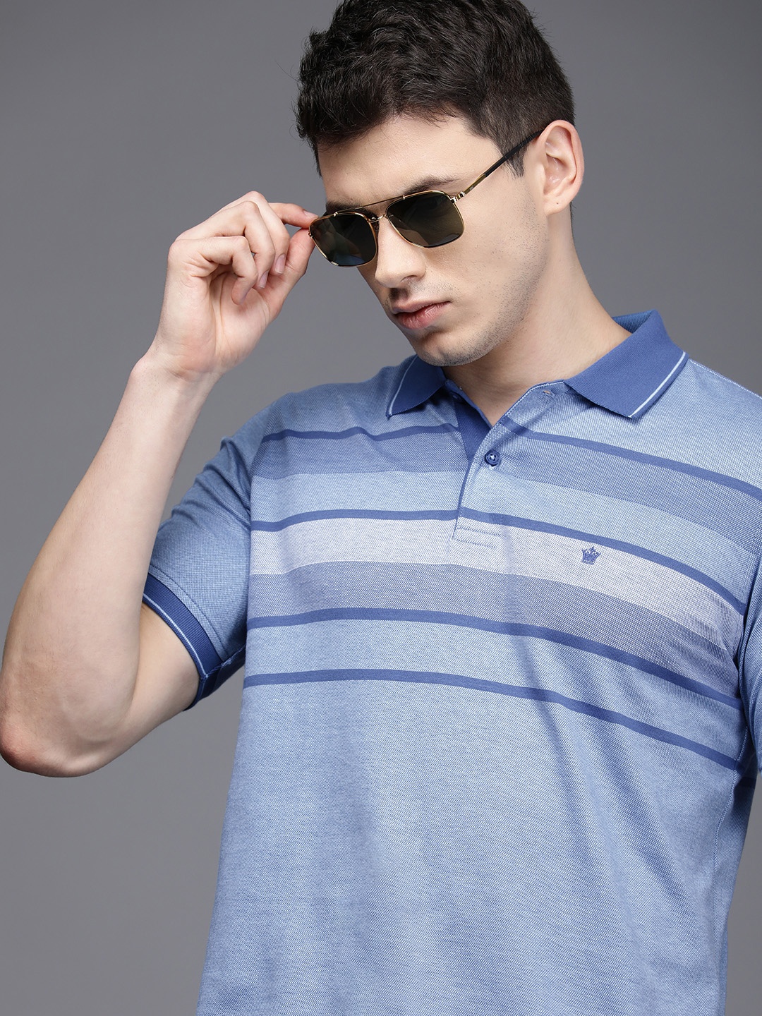 

Louis Philippe Men Blue Striped Polo Collar Pure Cotton T-shirt