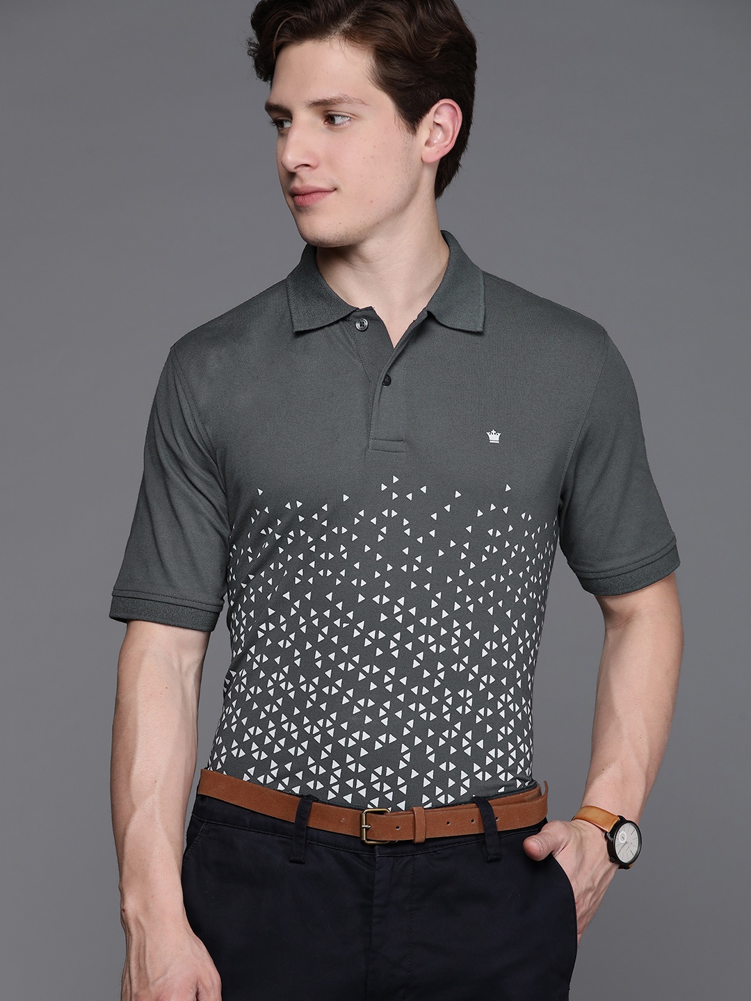

Louis Philippe Men Charcoal Printed Polo Collar T-shirt