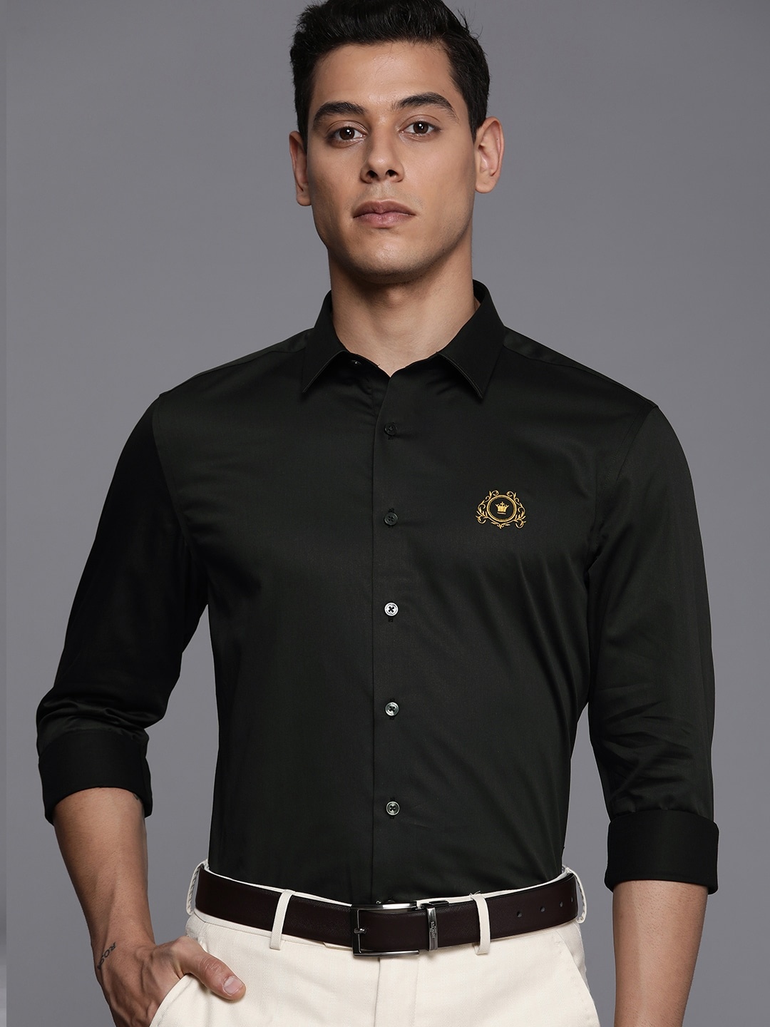 

Louis Philippe Men Black Blue Brand Logo Embroidered Slim Fit Formal Shirt